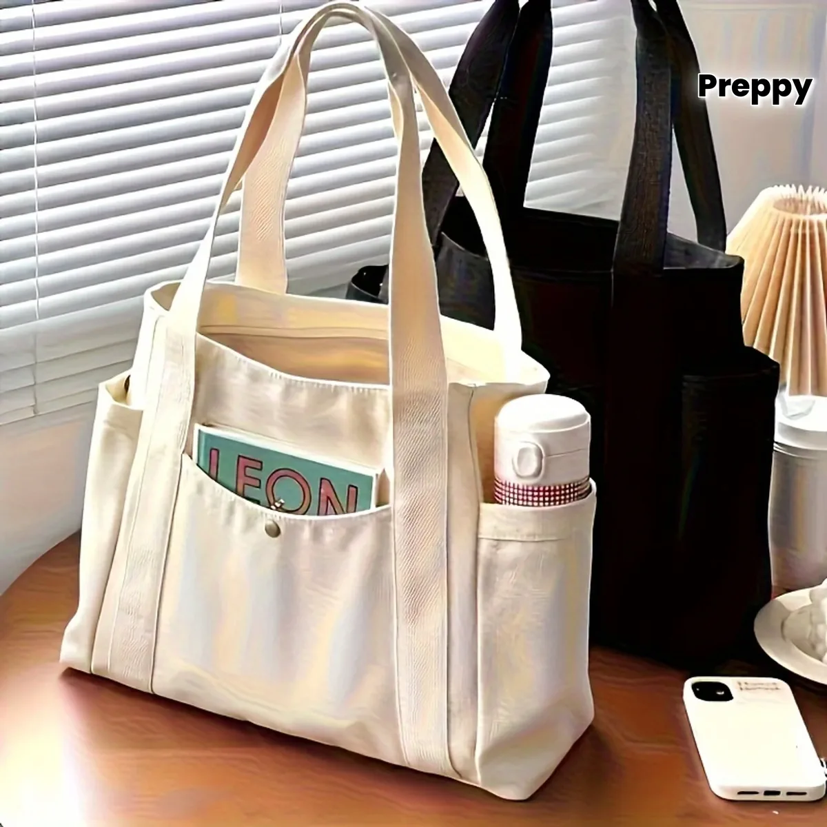 Grand sac fourre-tout avec fermeture éclair - Sac de transport en nylon, beige/noir, compartiments pour l'université/le bureau/les voyages