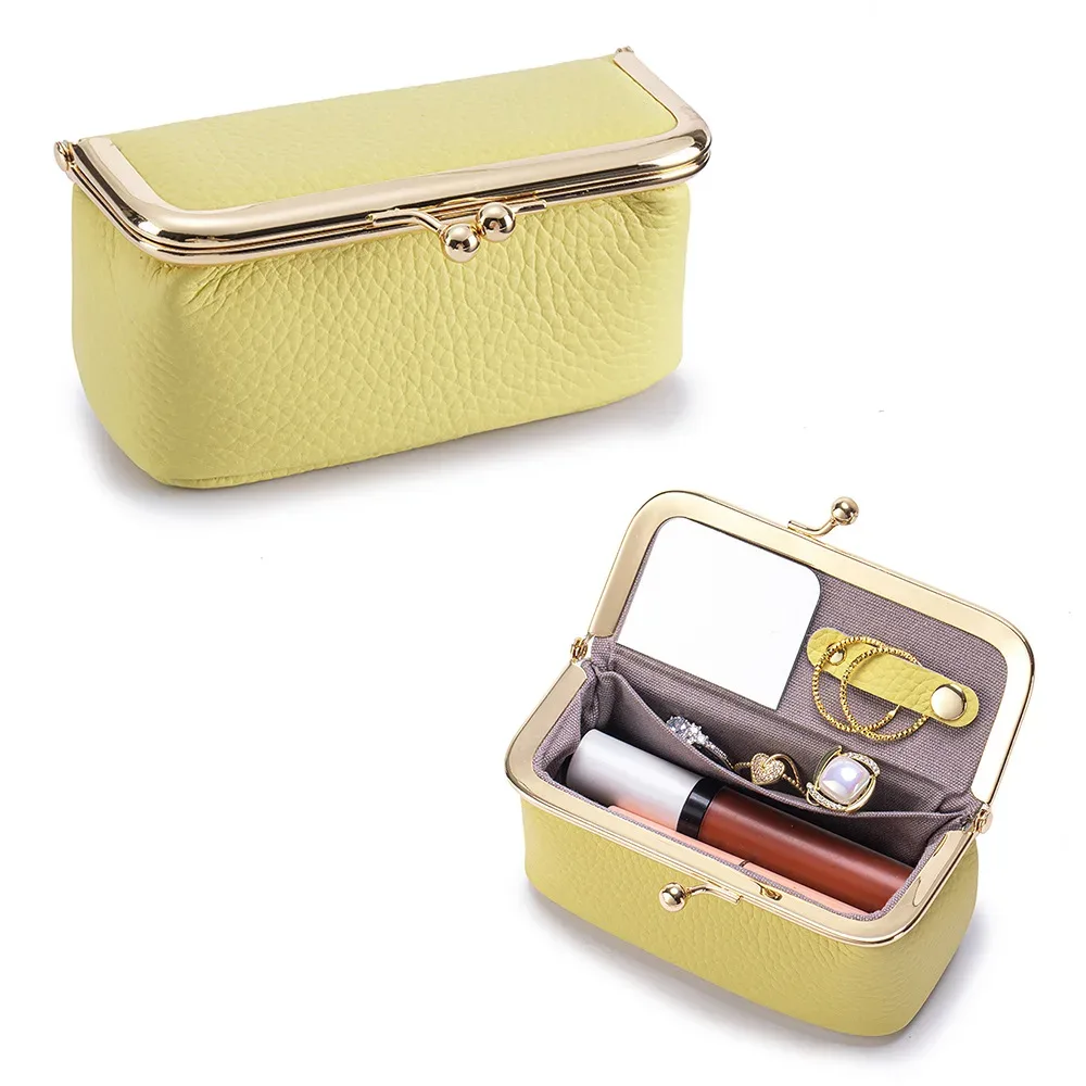 trousse de rangement portable en cuir pour femmes avec fermeture kiss-lock, miroir intégré, organiseur pour rouge à lèvres, bijoux, écouteurs, idéale pour les voyages