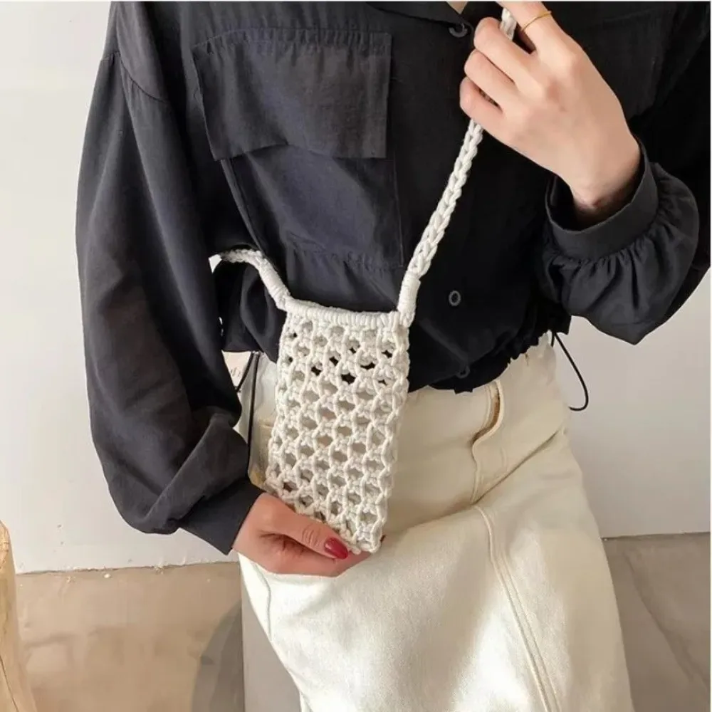 petit sac à bandoulière en crochet tissé ajouré pour femmes, sac à main léger tressé de couleur unie, sacs à bandoulière