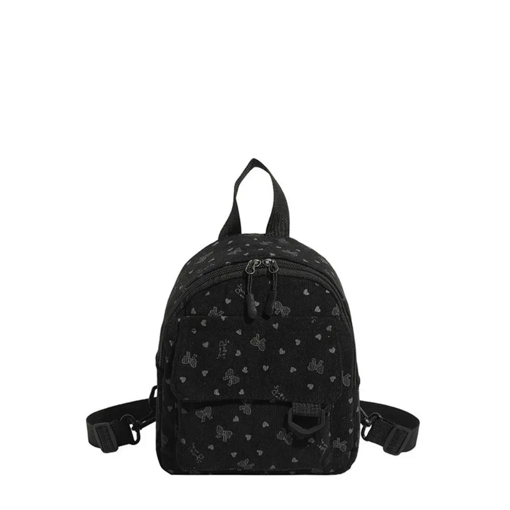 mini sac à dos en velours côtelé léger avec imprimé cœur et nœud, sac à bandoulière multi-compartiments à ouverture zippée, sac à dos quotidien
