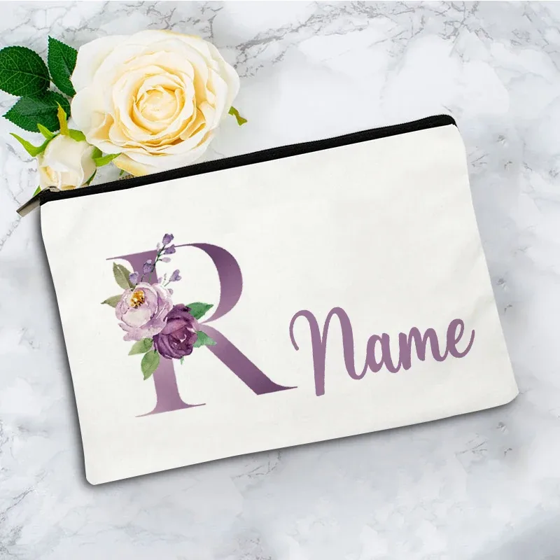 pochette de maquillage personnalisée violette à 26 motifs floraux, sac de toilette pour articles de voyage, cadeau de mariage ou d'anniversaire avec nom personnalisé