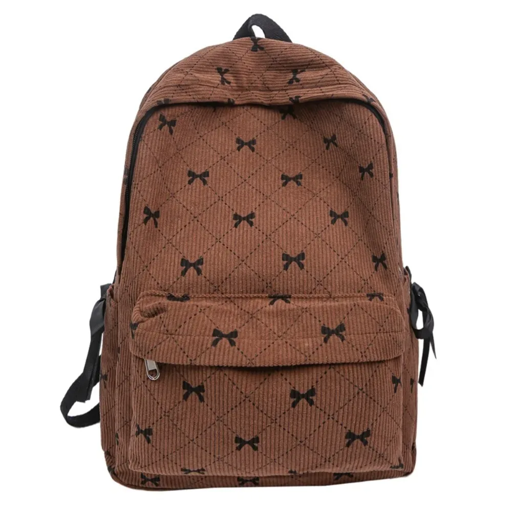 sac à dos en velours côtelé style coréen tendance, grande capacité, bretelles réglables, imprimé nœud, pour étudiants et lycéens