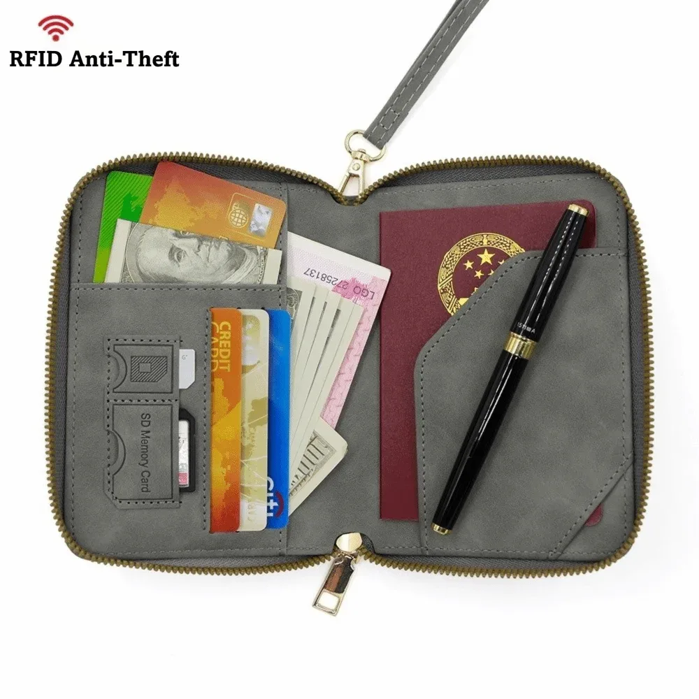 porte-passeport multifonctionnel en pu anti-rfid, couleur unie, avec fermeture éclair, porte-monnaie unisexe