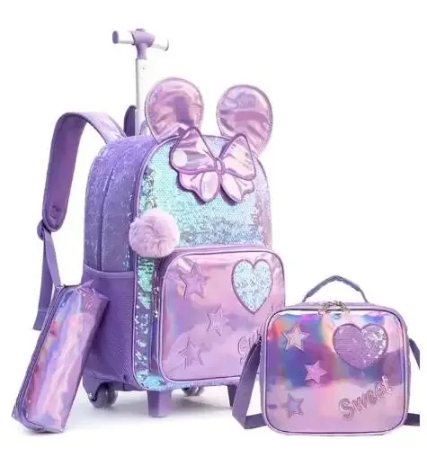 sac de voyage sac de chariot d'école avec sac à déjeuner ensemble de trousse à crayons ensemble de sac à dos roulant d'école pour filles sac à dos à roulettes d'école pour les filles