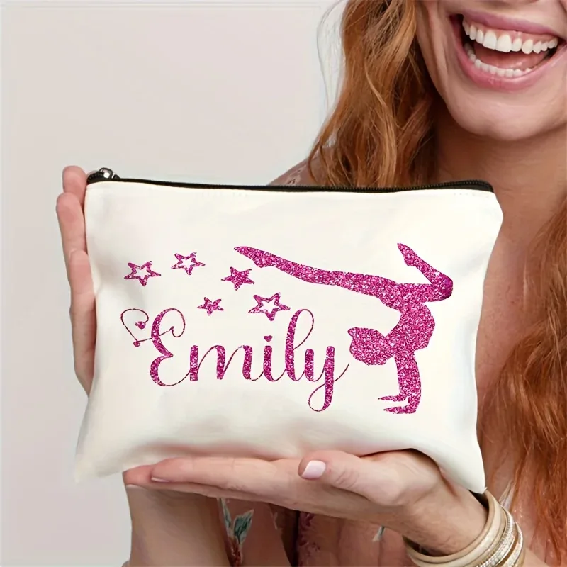 Sac de maquillage personnalisé IsabellaSparkling pour gymnastique, design silhouette de gymnaste scintillante, pochette cosmétique à fermeture éclair, cadeau idéal pour le sport