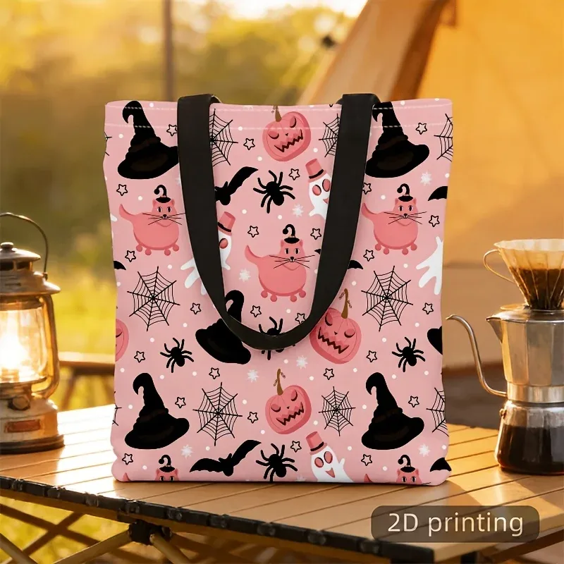 sac fourre-tout en toile rose pour halloween, imprimé fantôme mignon, citrouille, chapeau de sorcière, chauve-souris, araignée, sac à main réutilisable pour femmes.