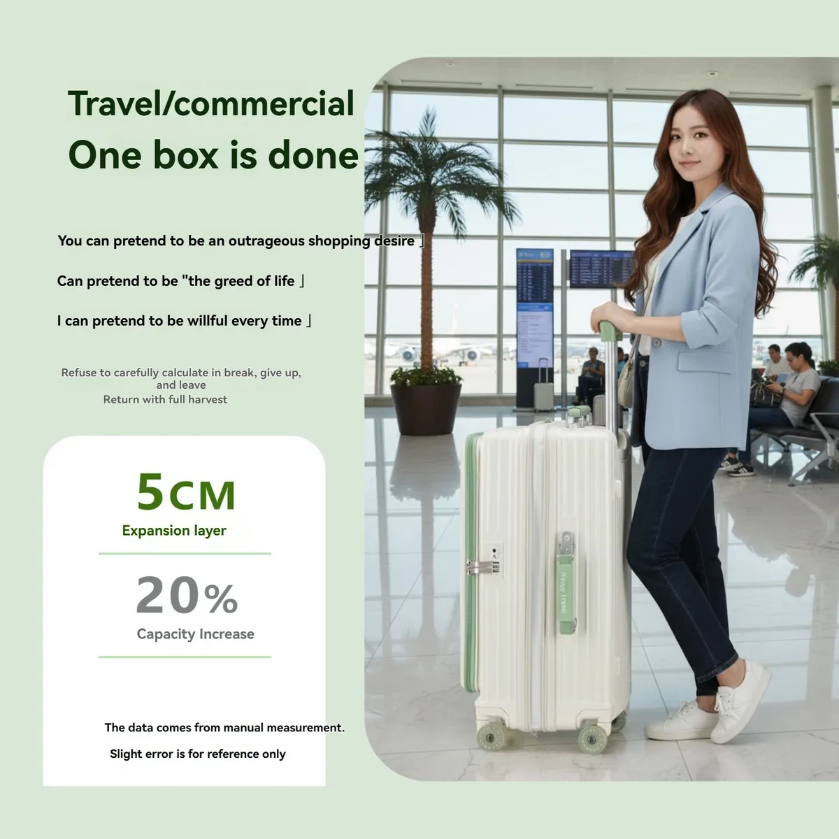 valise bagage rigide abs blanc vert roulettes toupie poignée télescopique couche extensible serrure douanière usage voyage longue distance vacances mer