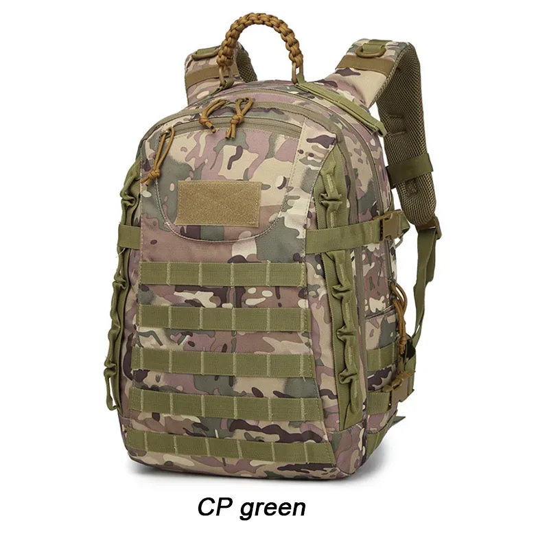 sac dos vert olive bandes marron claires motif camouflage fermeture velcro ajustable boucles métalliques usage extérieur capacité grande