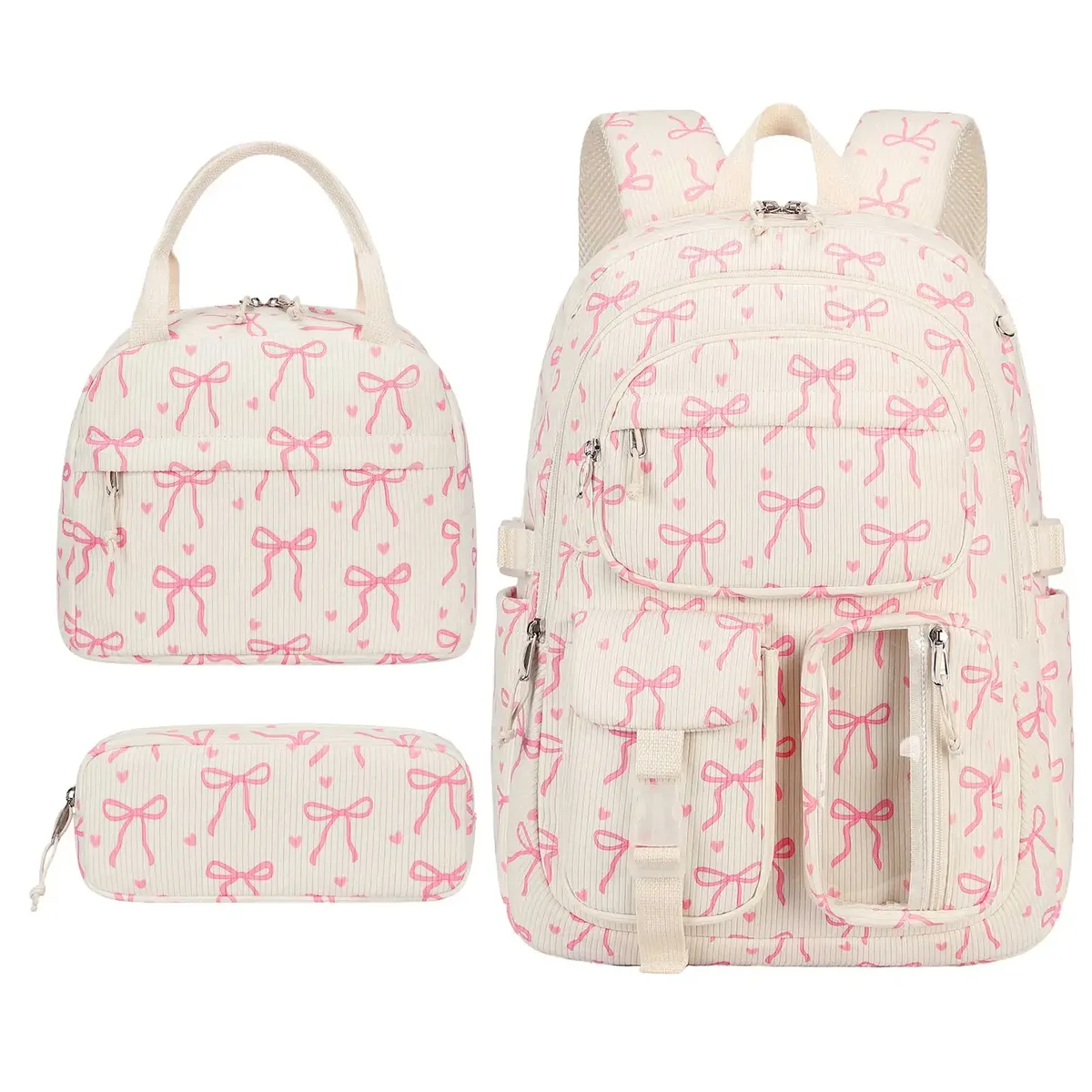 sac à dos en velours côtelé avec nœud mignon pour femme, sac à dos multi-poches avec sac à lunch et trousse à crayons, grande capacité, sac à dos de voyage décontracté