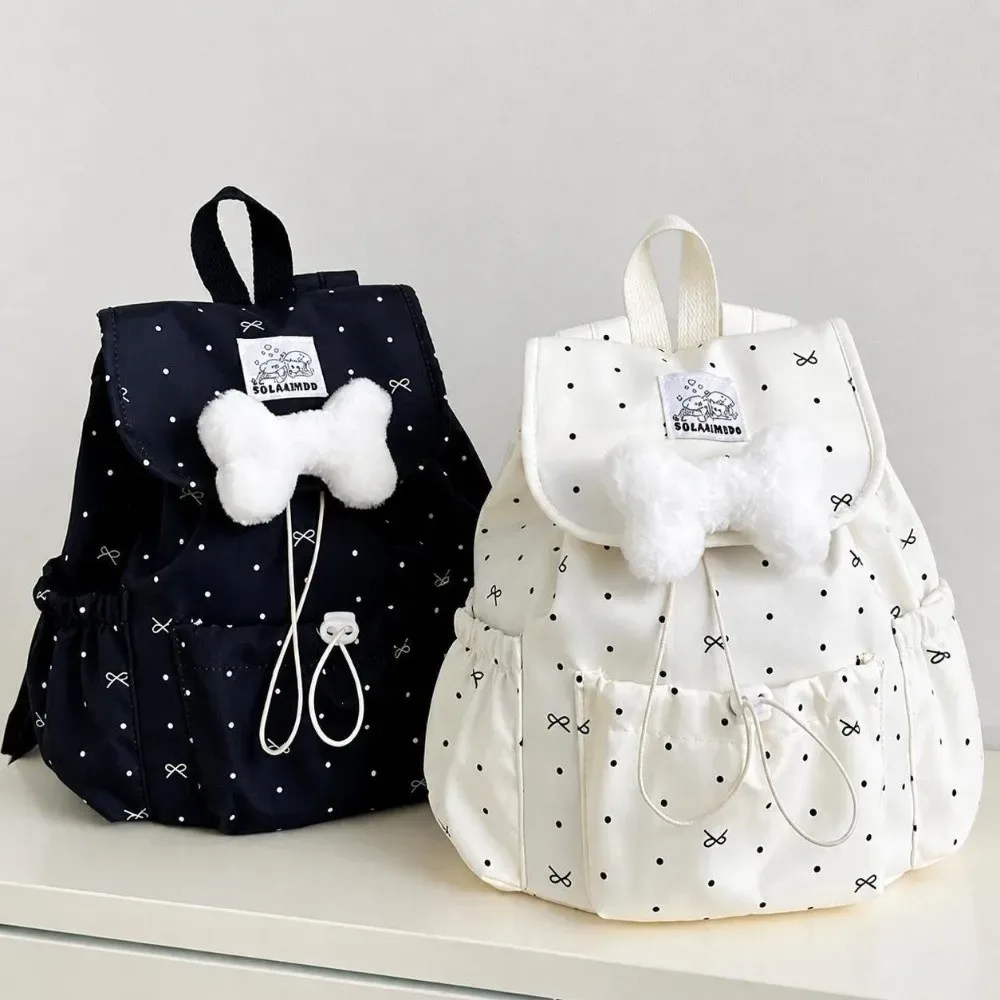 sac à dos à pois avec cordon de serrage et nœud, grande capacité, double bandoulière, en nylon ultra léger, idéal pour les trajets quotidiens, pour femmes.