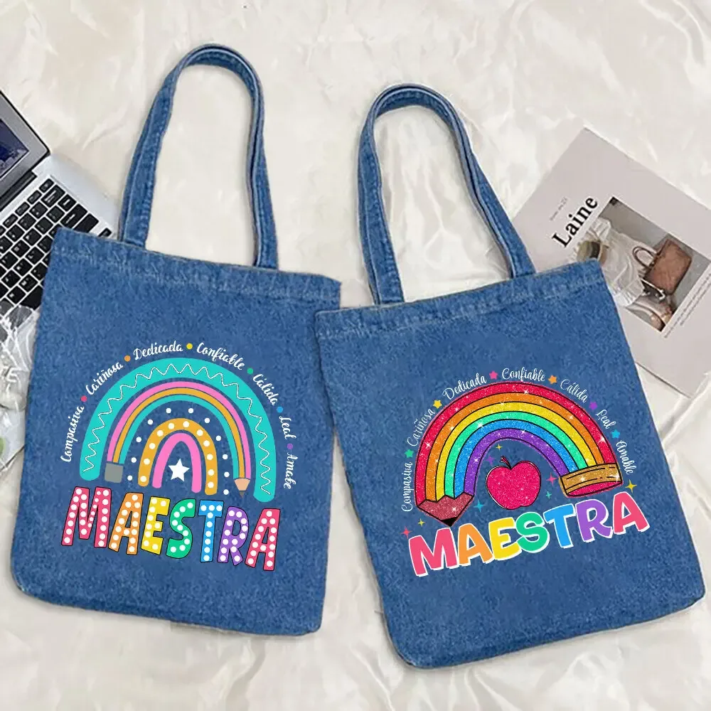 sac fourre-tout en denim peint pour enseignant arc-en-ciel, sacs de shopping pour femmes, sacs à main de voyage, fourre-tout pour la journée des enseignants, cadeaux de remerciement pour les enseignants