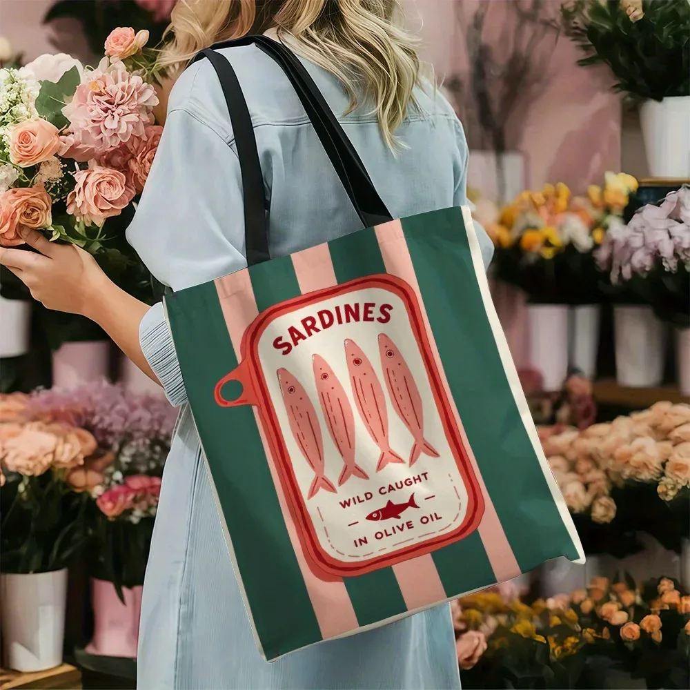 sac fourre-tout réutilisable pour sardines à l'huile d'olive, 1 pièce, sac à bandoulière élégant à rayures vertes et roses avec illustration de poisson
