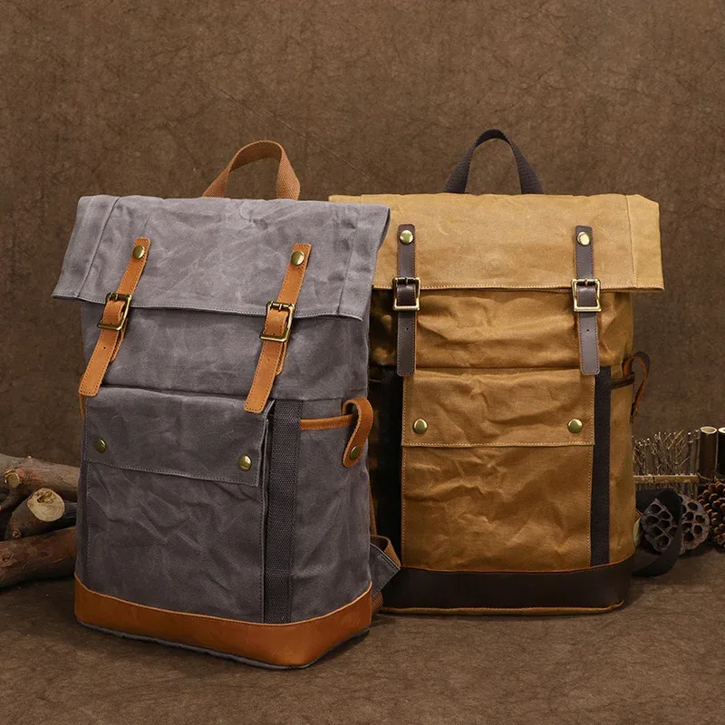 sac à dos vintage en toile cirée imperméable pour homme, sac à dos de camping, sac à dos de voyage, sac pour ordinateur portable 16 pouces, sacs d'école pour étudiants