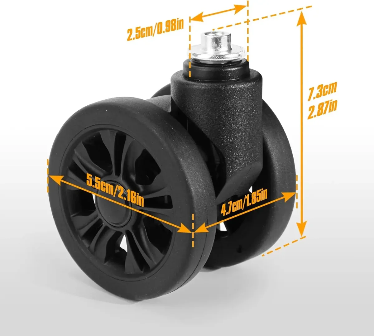 roues remplacement bagages plastique métal frein diamètre cinquante cinq millimètres installation facile voyage usage frappé environnements