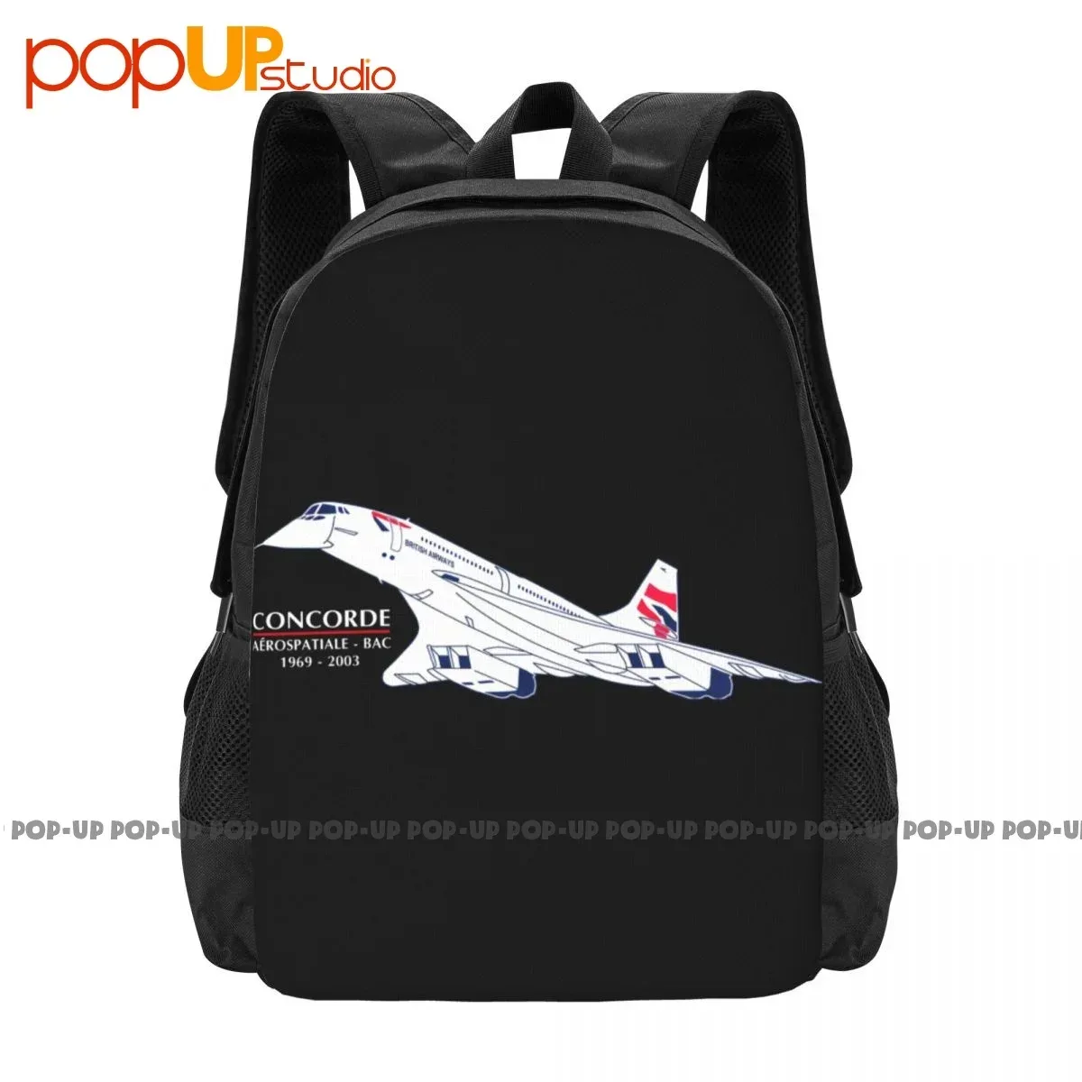 sac dos polyester armure toile 600d noir avion concorde bandes poignées latérales usage voyage universel décontracté