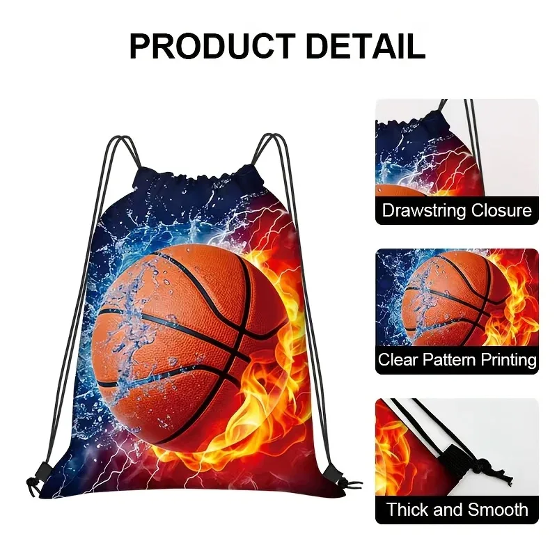 sac à dos de sport léger en polyester avec cordon de serrage, imprimés basketball et football, idéal pour la gym, les activités de plein air, les fêtes ou comme sac cadeau