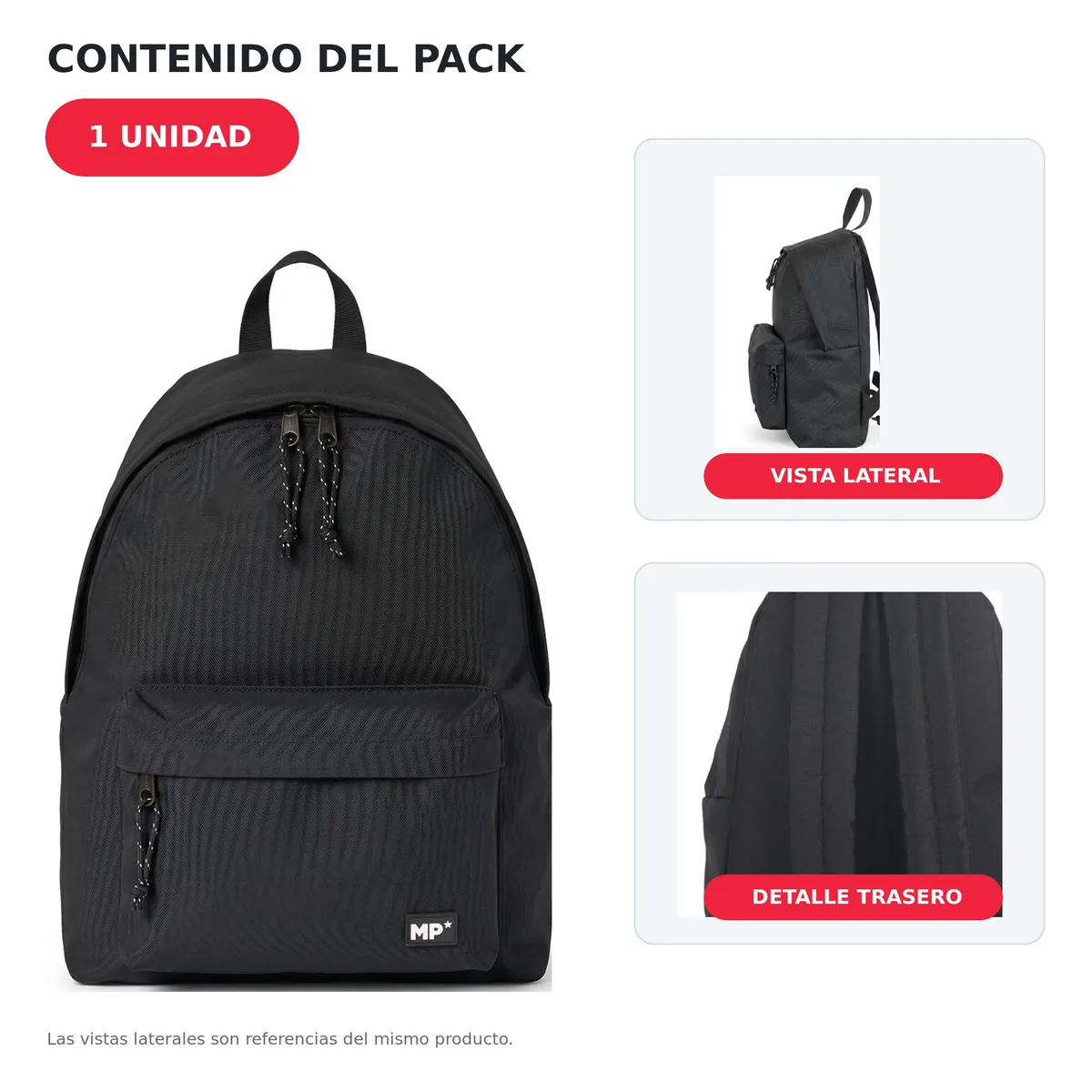 sac à dos scolaire décontracté noir mp 35x24x43cm | poignées et dos rembourrés, plusieurs compartiments et poche latérale | sac à dos basique durable pour l'école, l'université, les voyages et le bureau
