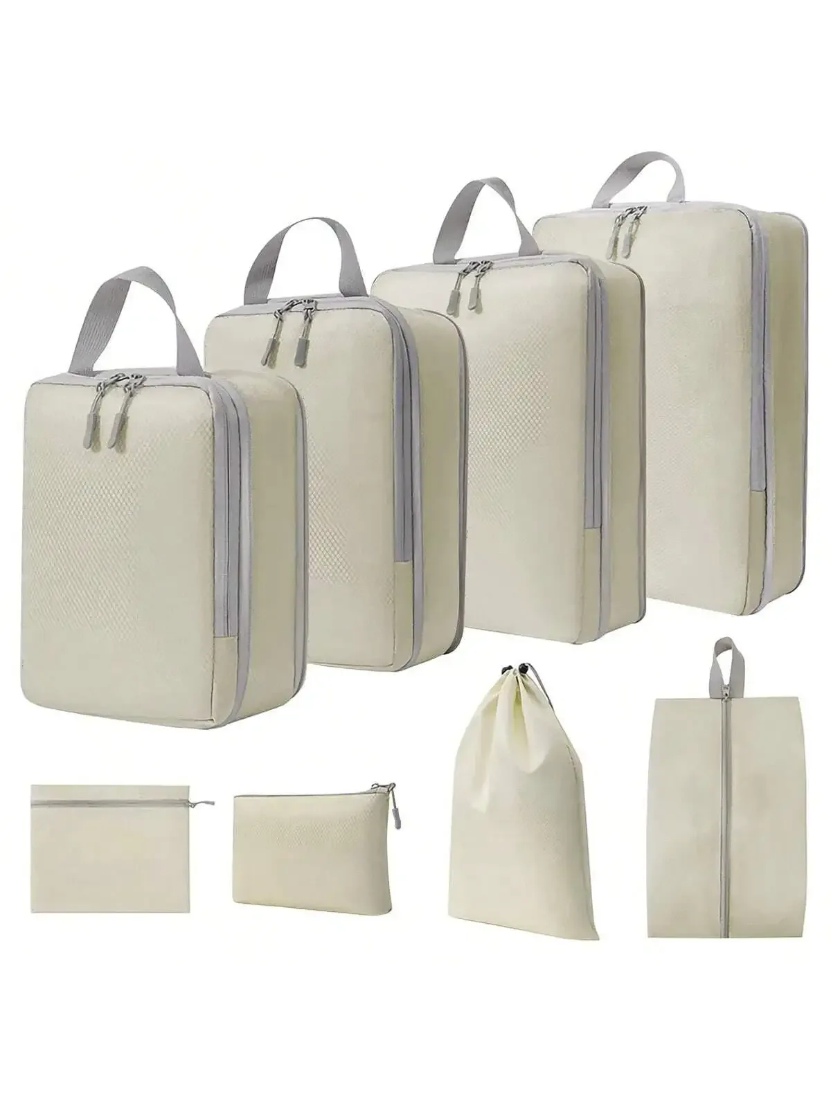 organisateur voyage polyester gris clair poignée noire fermeture glissière compressible sac chaussures rangement cube traçabilité usage polyvalent