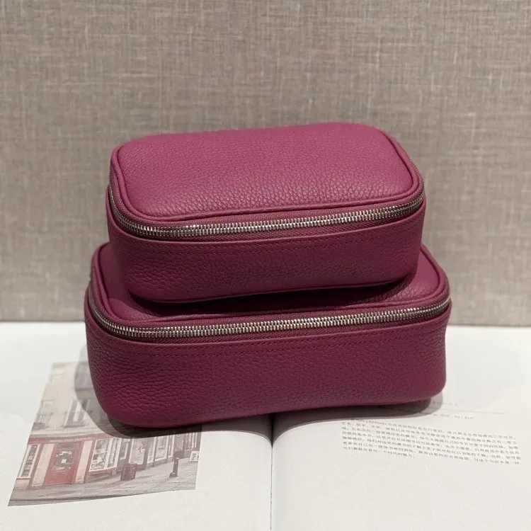sac de maquillage en cuir véritable, design simple, cuir de vachette de première qualité, sac de toilette portable, sac de rangement pour cosmétiques pour femmes, sac de voyage