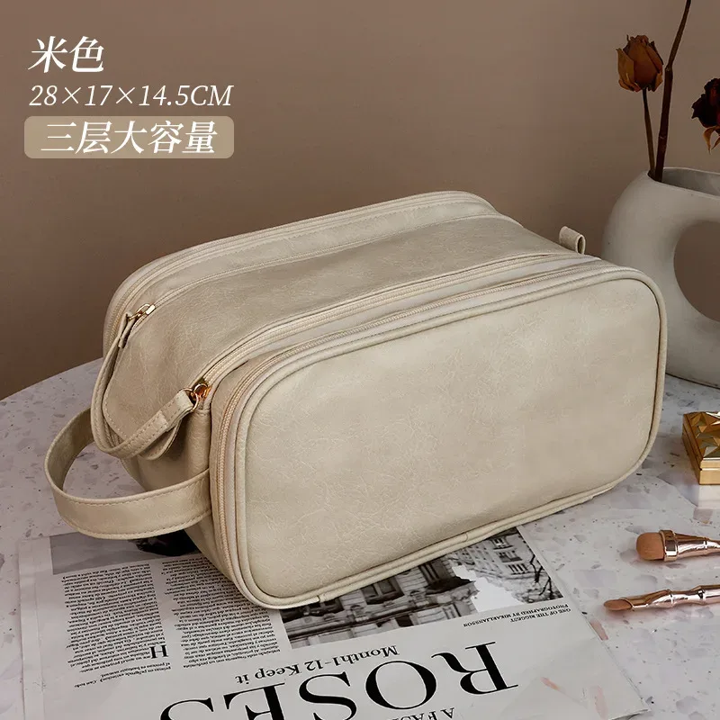 trousse de maquillage en cuir pu, grande capacité, sac de rangement de cosmétiques de voyage, sac à main portable pour femmes, trousse de toilette multifonction étanche