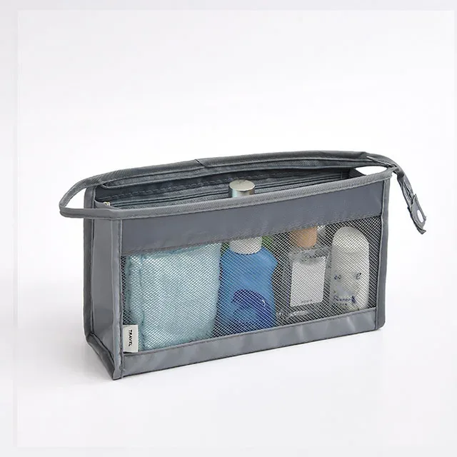 sac de voyage léger et respirant en maille pour femme, trousse de toilette portable transparente pour maquillage et soins de la peau