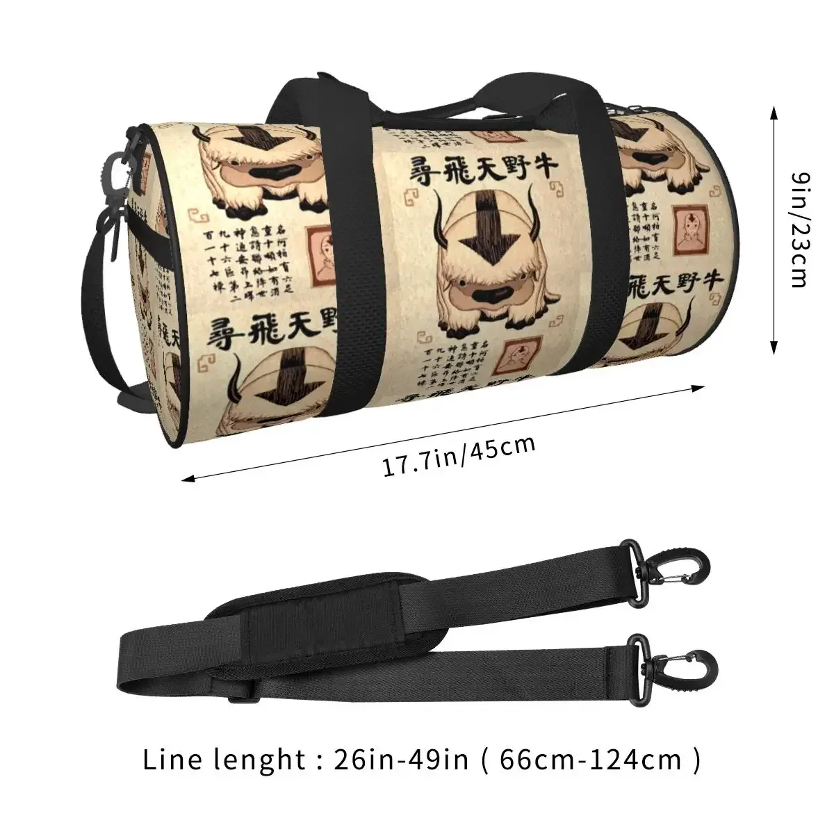 sac voyage polyester motif bœufs stylisés poignée amovible bande épaule usage week end sport cylindrique durabilité