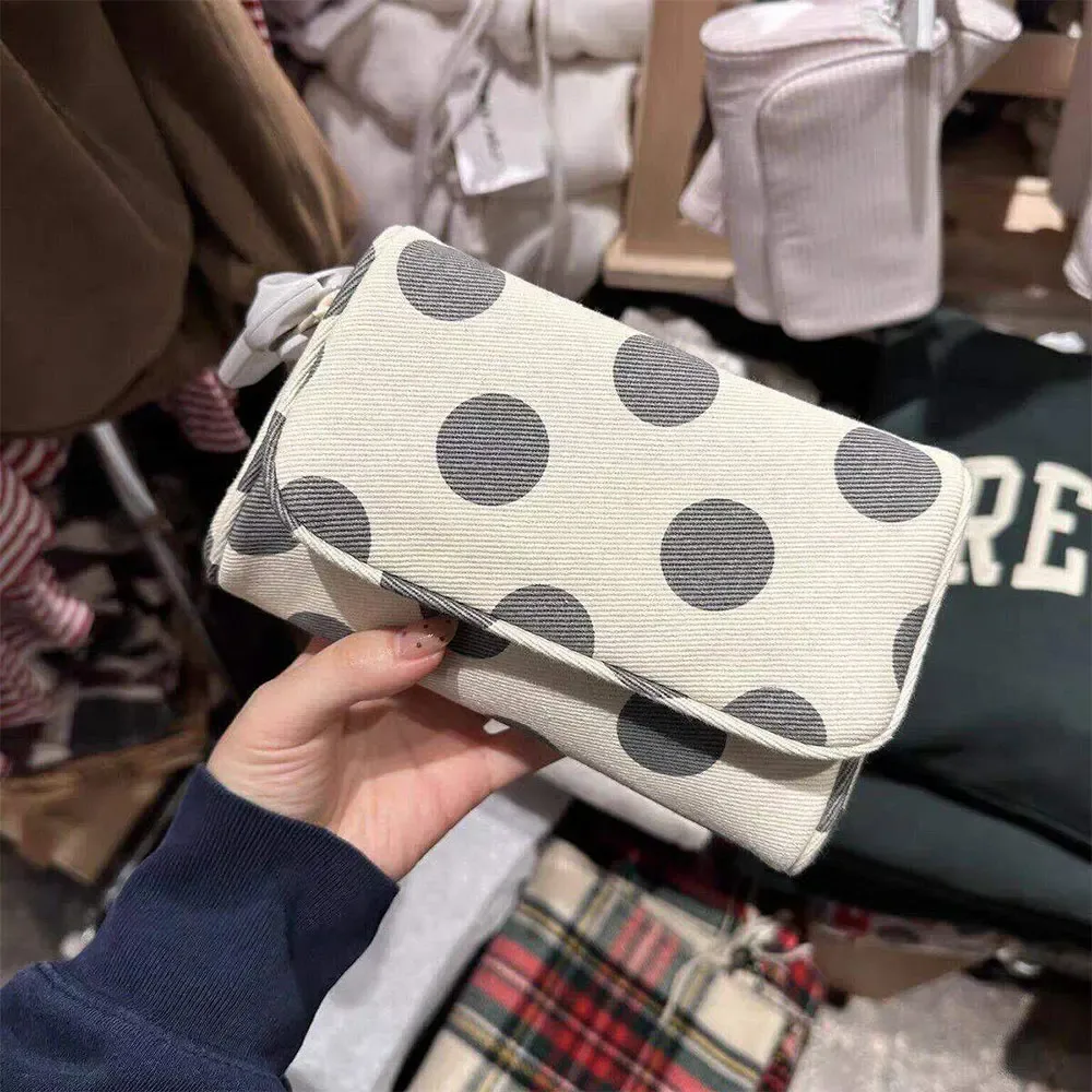 nouvelle trousse de maquillage en toile à pois avec miroir intégré, pochette de voyage portable pour cosmétiques, sac à main mignon pour femmes, organisateur de rangement pour maquillage