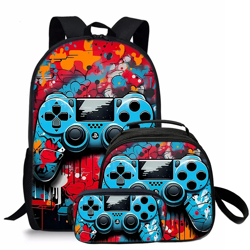 sac à dos scolaire 2d dessin animé pour enfants, ensemble de trois pièces, cool, pour garçons et filles, meilleurs cadeaux, avec manette de jeu
