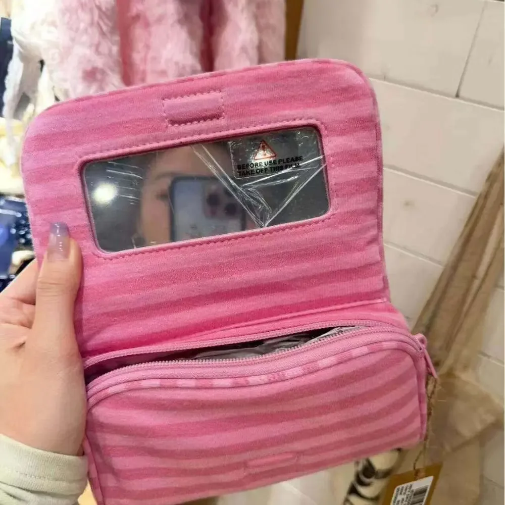 sac cosmétique portable en toile à pois, grande capacité, sac à rayures pour petits objets, multifonctionnel avec miroir de maquillage