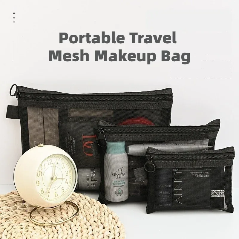 sac cosmétique portable en maille, sac de toilette de voyage élégant, pochette de rangement pour maquillage imperméable