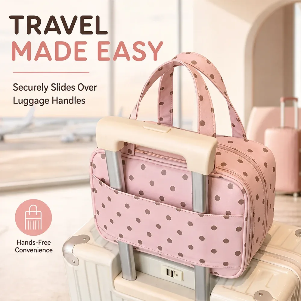 sac de maquillage à pois mignon, trousse de toilette de voyage grande capacité, sac cosmétique multi-poches à 3 niveaux pour les soins de la peau et les pinceaux cosmétiques