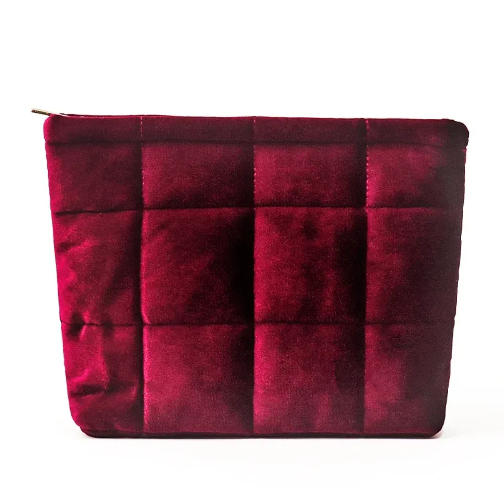 sac à cosmétiques portable en velours, sac de rangement matelassé à fermeture éclair de couleur unie, trousse de toilette de voyage légère de grande capacité