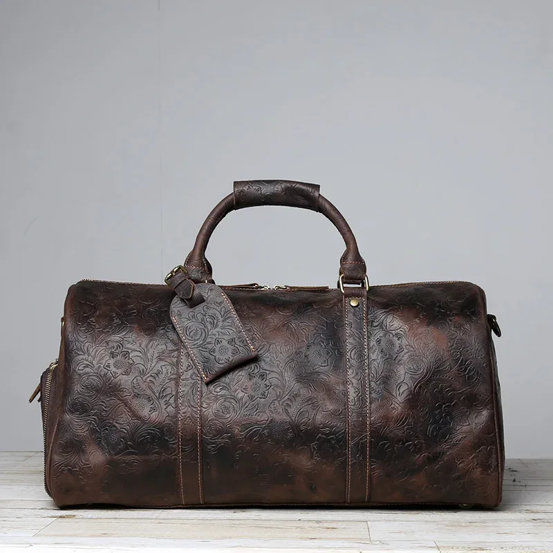 sac voyage cuir vache marron motifs floraux ovale poignée bandoulière grande capacité affaires week end sport