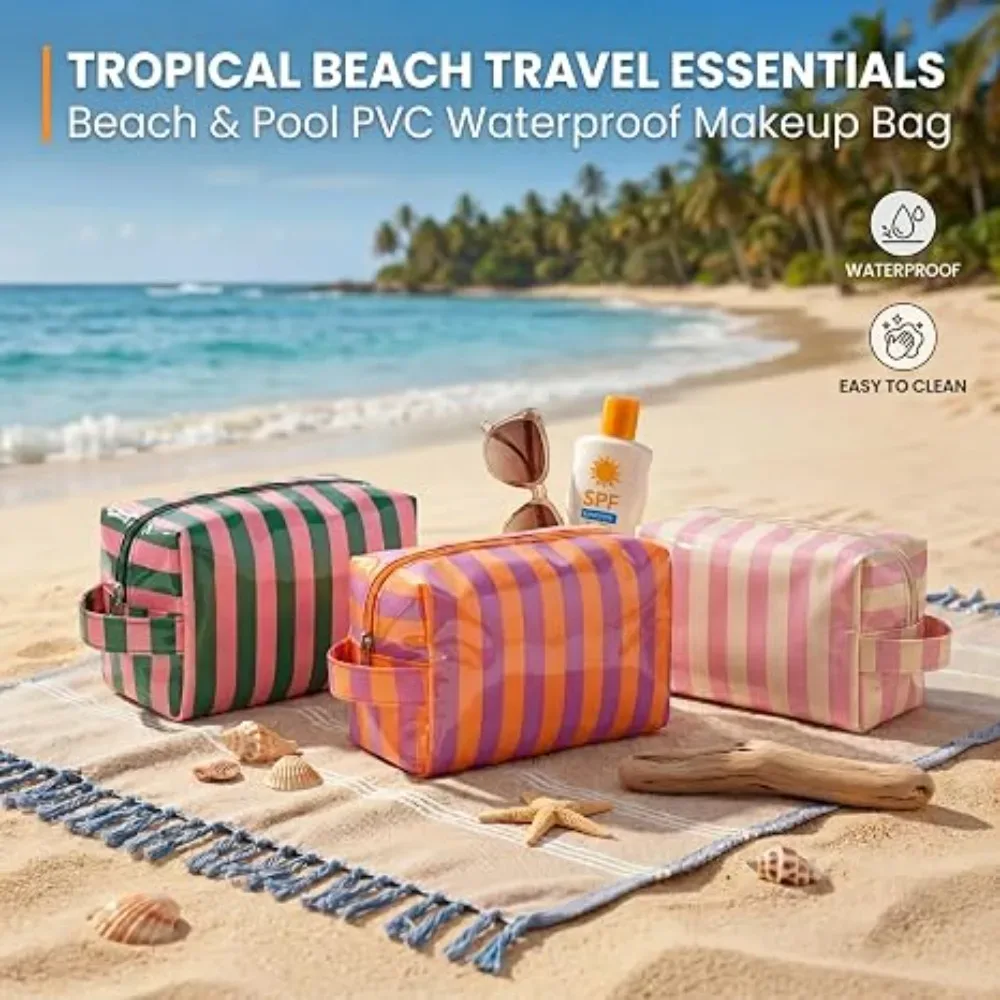 sac de maquillage imperméable à rayures en pvc transparent avec revêtement |   pochette de rangement de voyage mignonne et facile à nettoyer avec fermeture éclair pour les essentiels de vacances à la plage