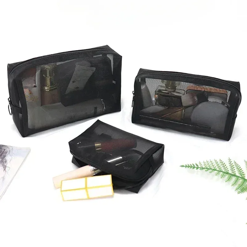 sacs à cosmétiques transparents en maille, 1 pièce, petit grand sac de maquillage noir, fleur en dentelle, étui de rangement de toilette de voyage, pochette de rangement de rouge à lèvres