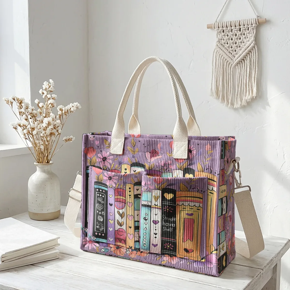 sac fourre-tout en velours côtelé imprimé livres et fleurs colorés, grande capacité, multi-poches, sac à bandoulière pour les trajets quotidiens