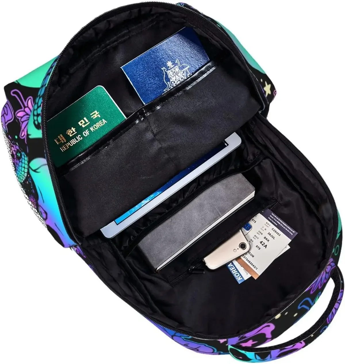 sac à dos à motif de crânes humains et de fleurs lumineuses, sac à dos décontracté pour ordinateur portable, sac à dos pour le travail, poches