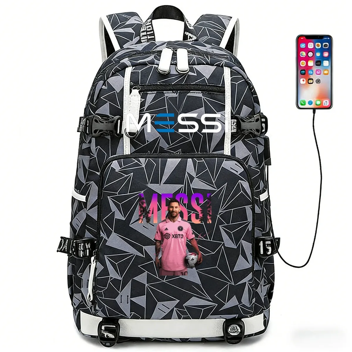 sac à dos de sport de football messi en tissu oxford avec fermeture à loquet, grande capacité, pour ordinateur portable, loisirs, voyage, école et étudiants