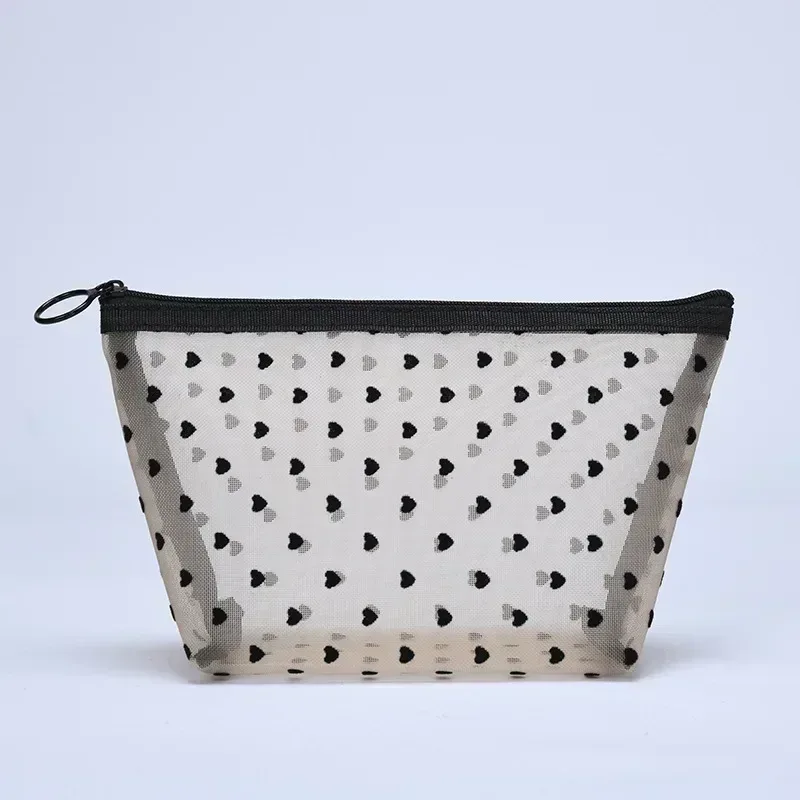 sac à cosmétiques en maille de nylon, organisateur de toilette en forme de cœur à fermeture éclair, sacs de maquillage multifonctionnels pour femmes, rouge à lèvres, clé, porte-monnaie