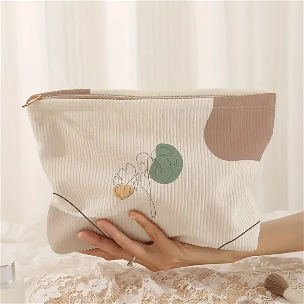 sac à cosmétiques en velours côtelé imprimé mignon, grande capacité, pochette de rangement de maquillage portable pour femmes et filles