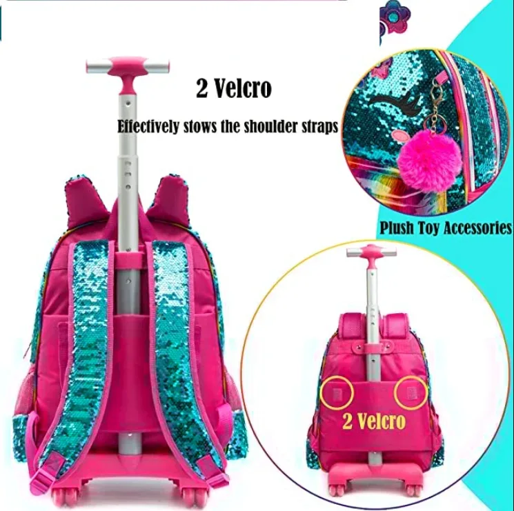 sac dos cuir verni bleu sequins multicolores visage licorne motif queue sirène accessoires peluche pompons boîte lunch sac crayons enfant voyage école