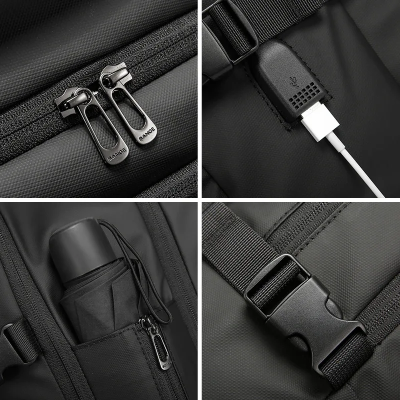 sac dos tpu polyester noir grande capacité rechargeable usb poignée souple bandoulière arquée fermeture éclair usage voyage décontracté