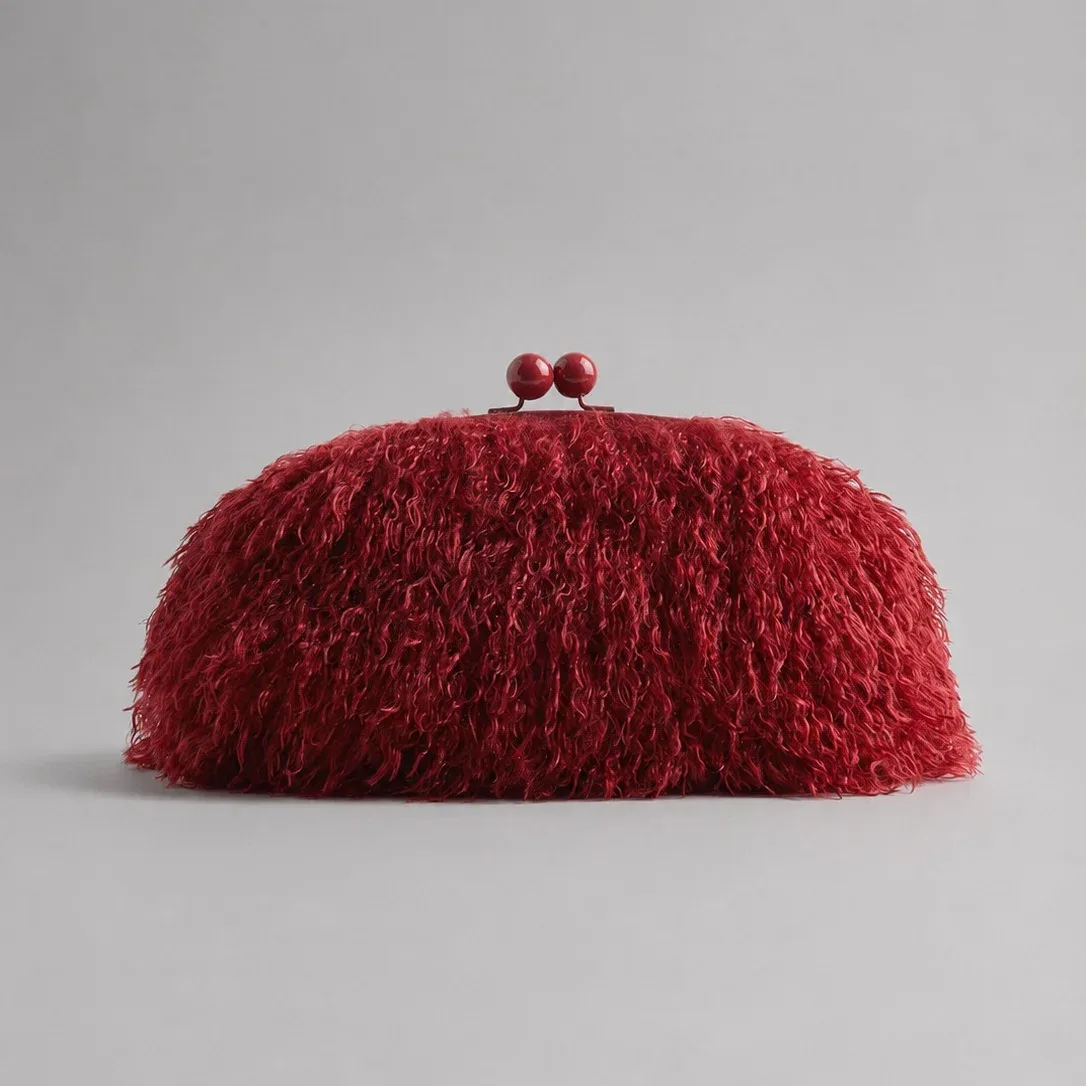 sac à main pochette en fausse fourrure kisslock pour femme, chaud et élégant pour l'hiver, avec fermoir à cadre et chaîne bandoulière, gris foncé, rouge, jaune