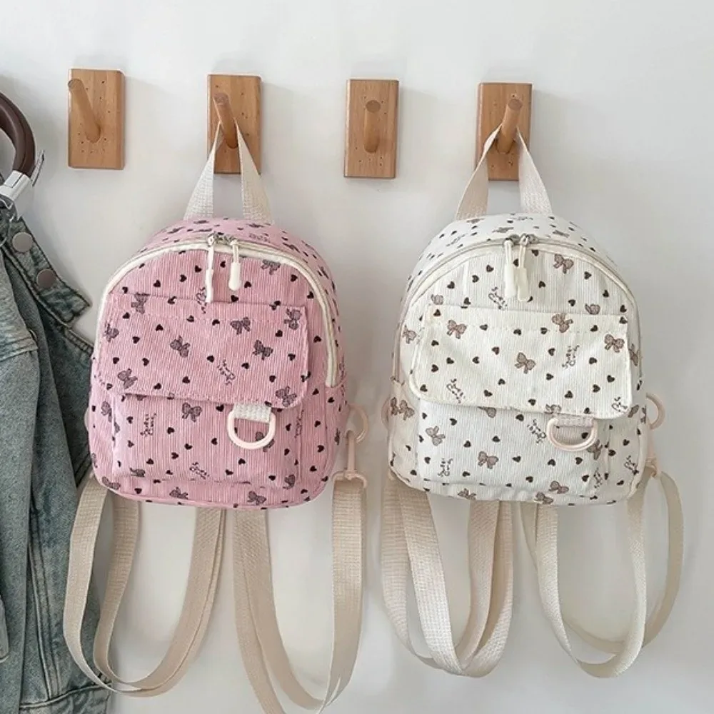 sac à dos mini en velours côtelé mignon et léger avec imprimé cœur et nœud, sac à bandoulière à fermeture éclair, sac à dos multi-compartiments pour usage quotidien