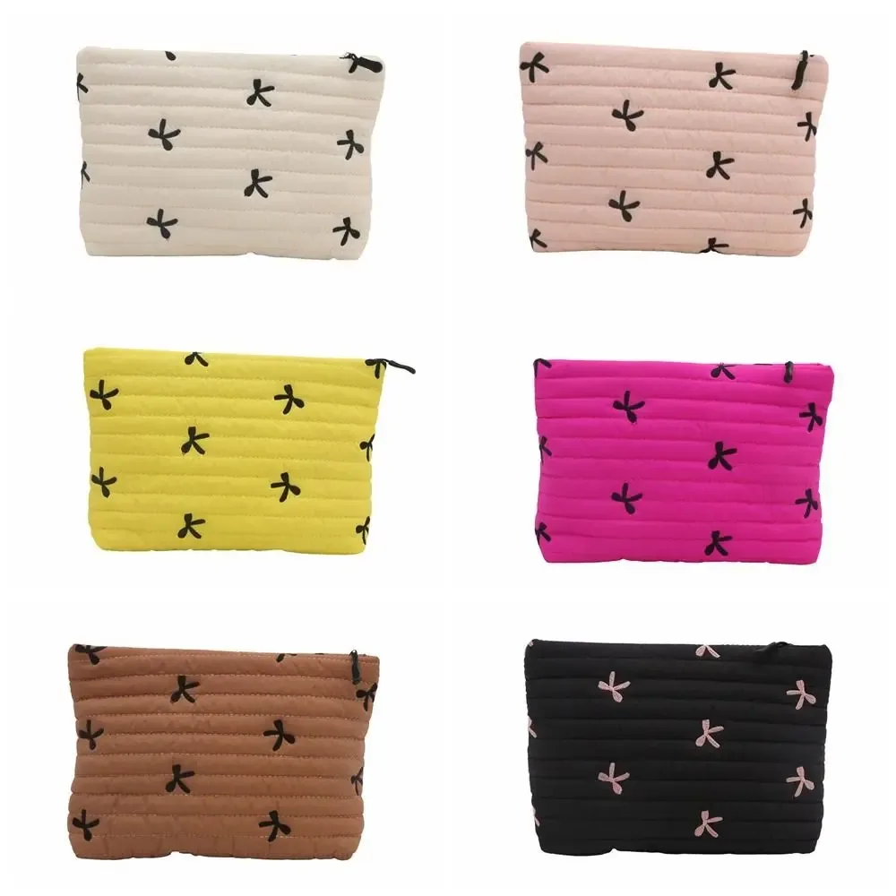 sac à cosmétiques brodé avec nœud, sac de toilette multifonctionnel de grande capacité avec fermeture éclair, sac de rangement pour serviettes hygiéniques en polyester pour femmes