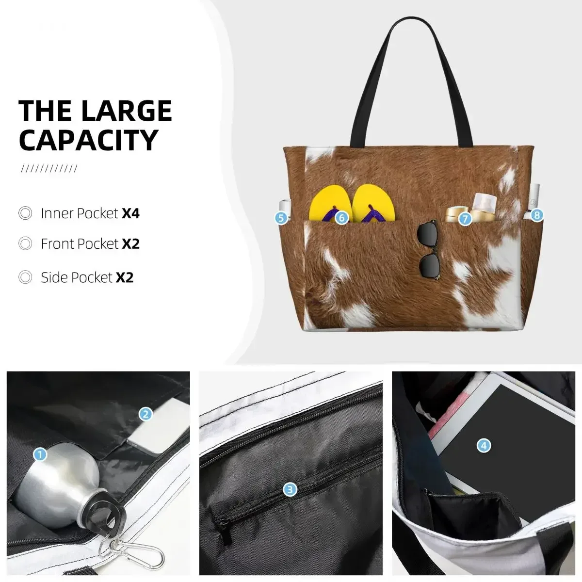 sac de plage élégant en fourrure de vache, texture cuir de vache, motif imprimé peau de vache, sac de yoga, grand sac fourre-tout, sac de voyage pour femme, sac de fitness