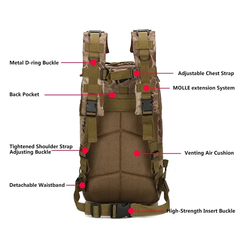 sac à dos tactique classique pour homme, sac de voyage sportif camouflage, sac à dos d'escalade, de chasse, de pêche et de randonnée en nylon, sac 3p