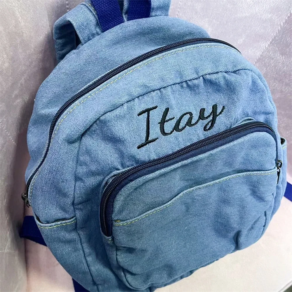 mini sac à dos en denim personnalisé avec nom brodé pour femme, nouvelle mode, polyvalent, cadeau unique pour jeune femme