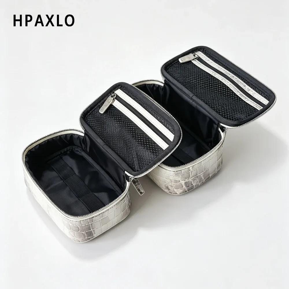 nouvelle trousse de toilette en cuir véritable à motif crocodile, organiseur de voyage, sac à main portable, pochette de rangement pour maquillage avec initiales