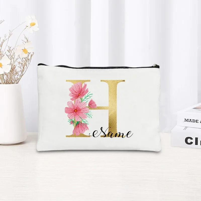 grande pochette zippée à motif floral rose et initiales dorées, organisateur d'essentiels de voyage en toile, trousse de maquillage pour enterrement de vie de jeune fille avec sac personnalisé avec nom.